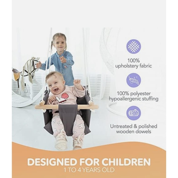 NWT Canvas Gray Wooden Polished Indoor Outdoor Swing Seat Size 1-4 Years - Picture 1 of 4